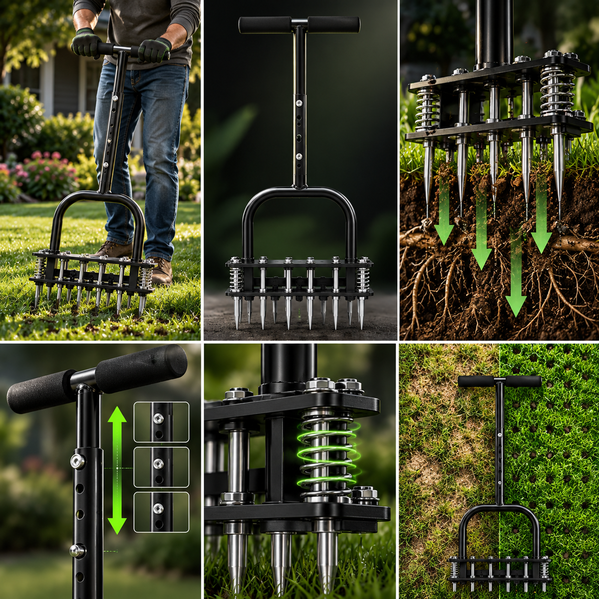 Manual Lawn Dethatcher & Aerator with Spring-Loaded Tines