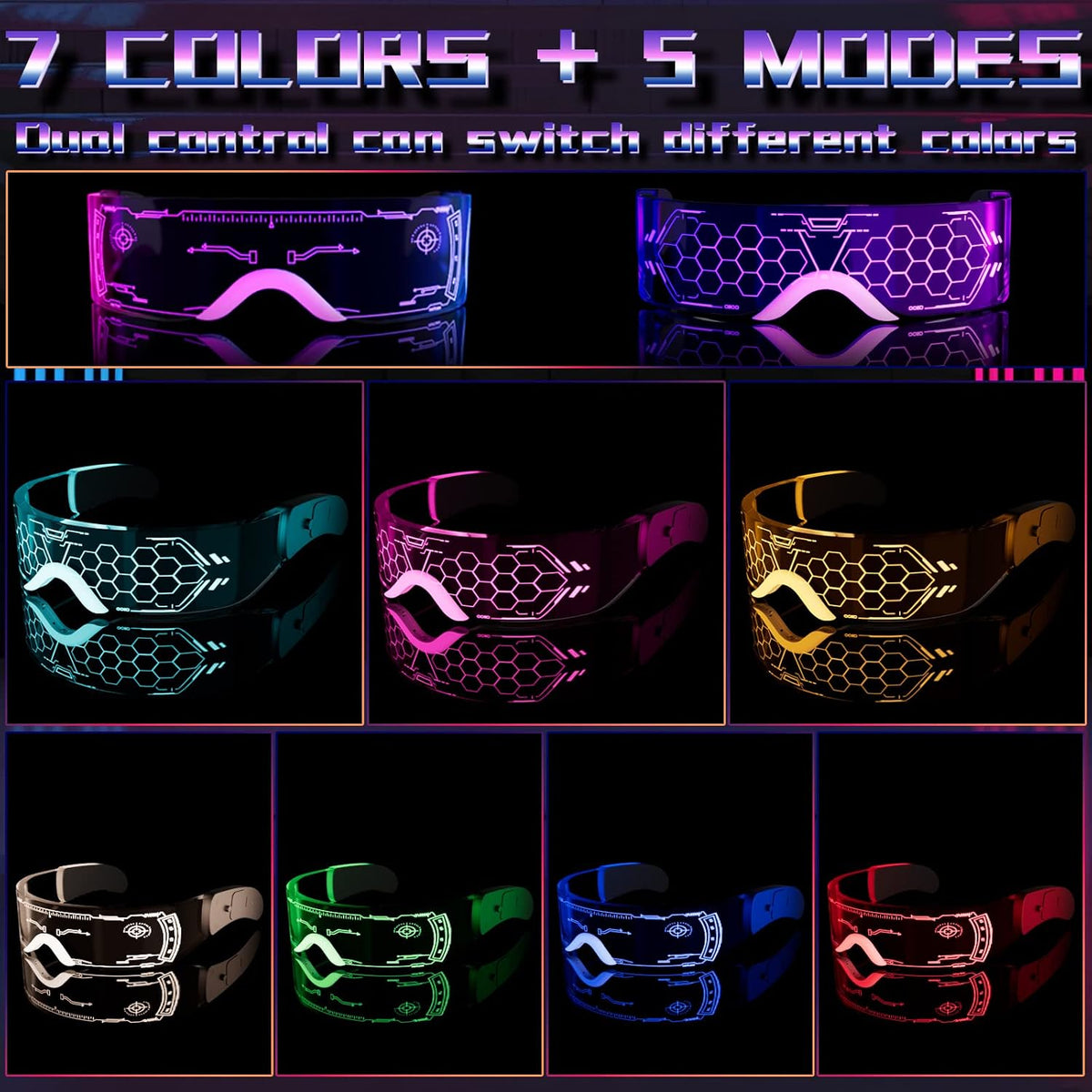 LED Visor Glasses, 2Pcs LED Light up Glasses Neon Luminous Glasses 7 Color 5 Modes Cool LED Glasses for Adult