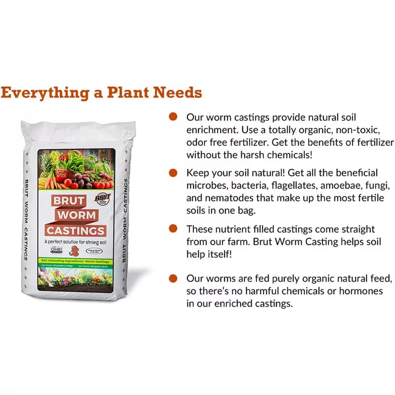 Brut Worm Farms Organic Worm Castings Soil Builder, 30 Pound Bag