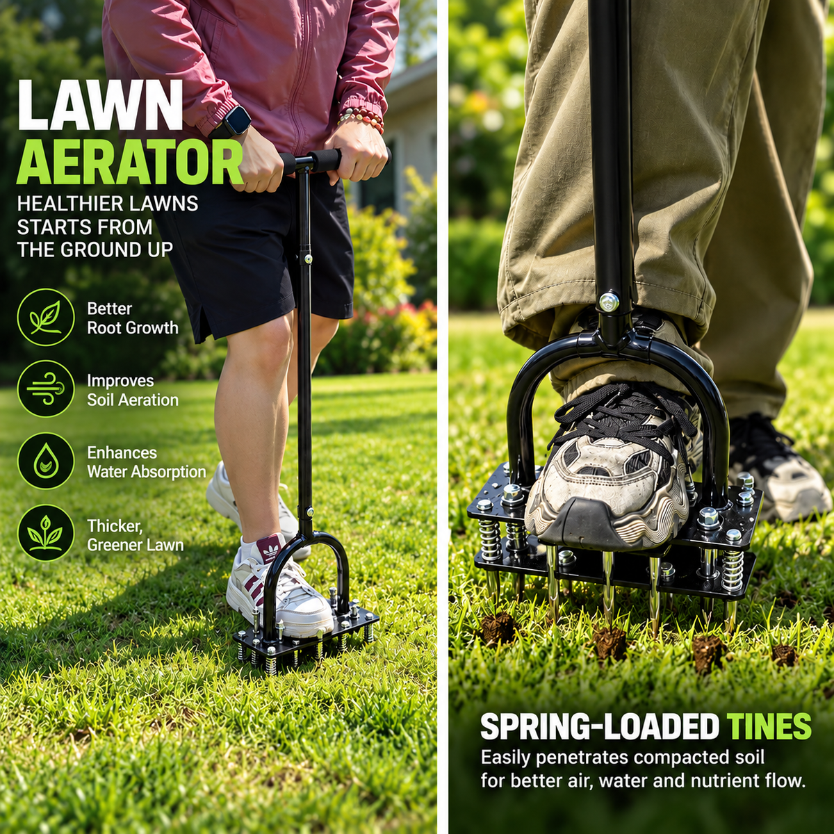 Manual Lawn Dethatcher & Aerator with Spring-Loaded Tines