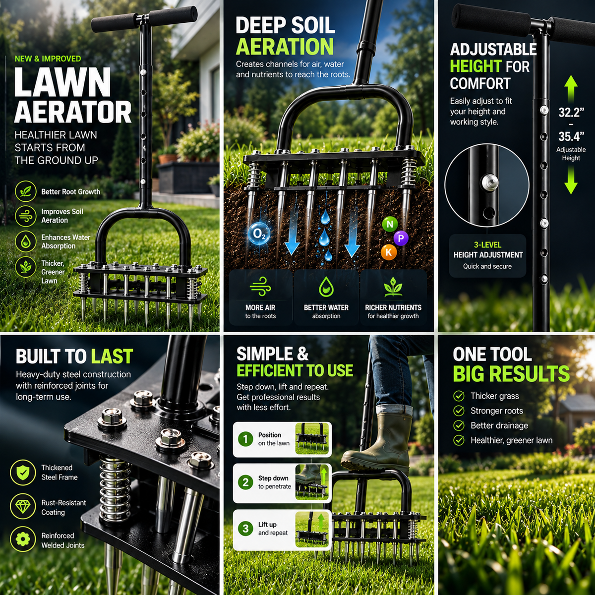Manual Lawn Dethatcher & Aerator with Spring-Loaded Tines