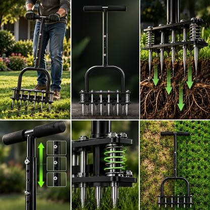 Manual Lawn Dethatcher & Aerator with Spring-Loaded Tines