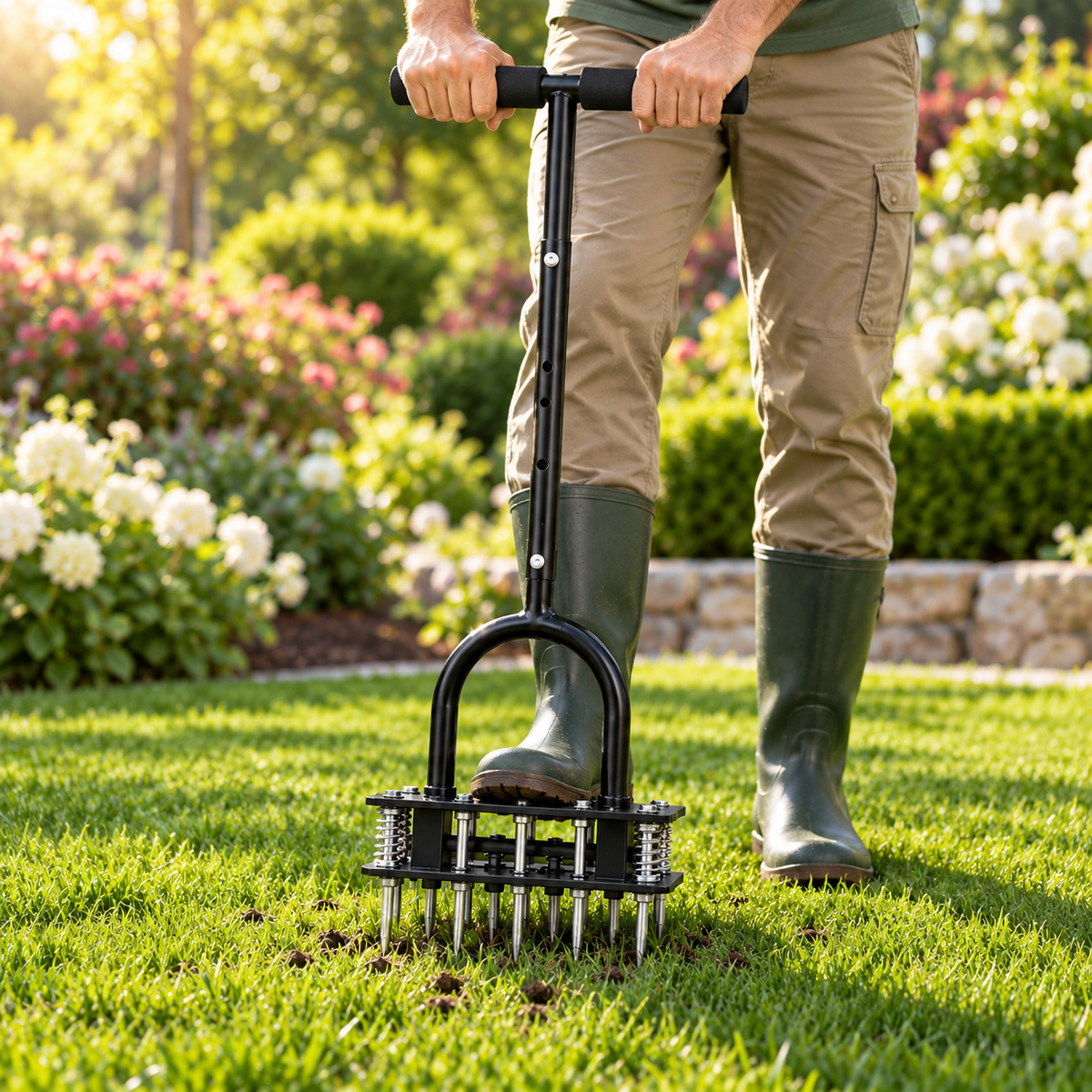 Manual Lawn Dethatcher & Aerator with Spring-Loaded Tines
