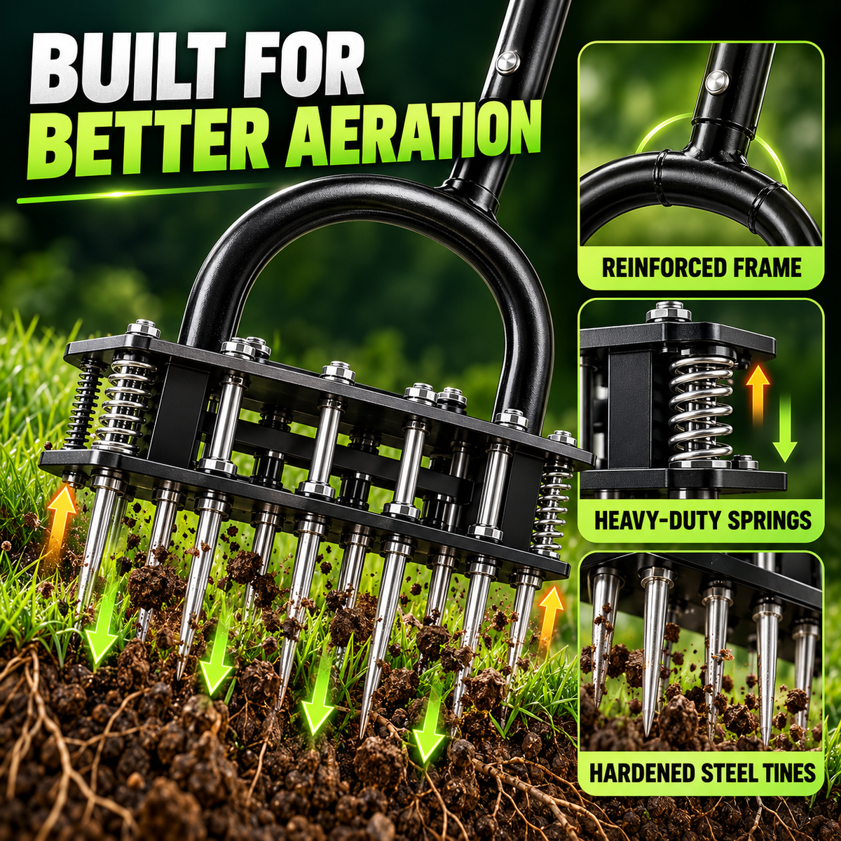 Manual Lawn Dethatcher & Aerator with Spring-Loaded Tines