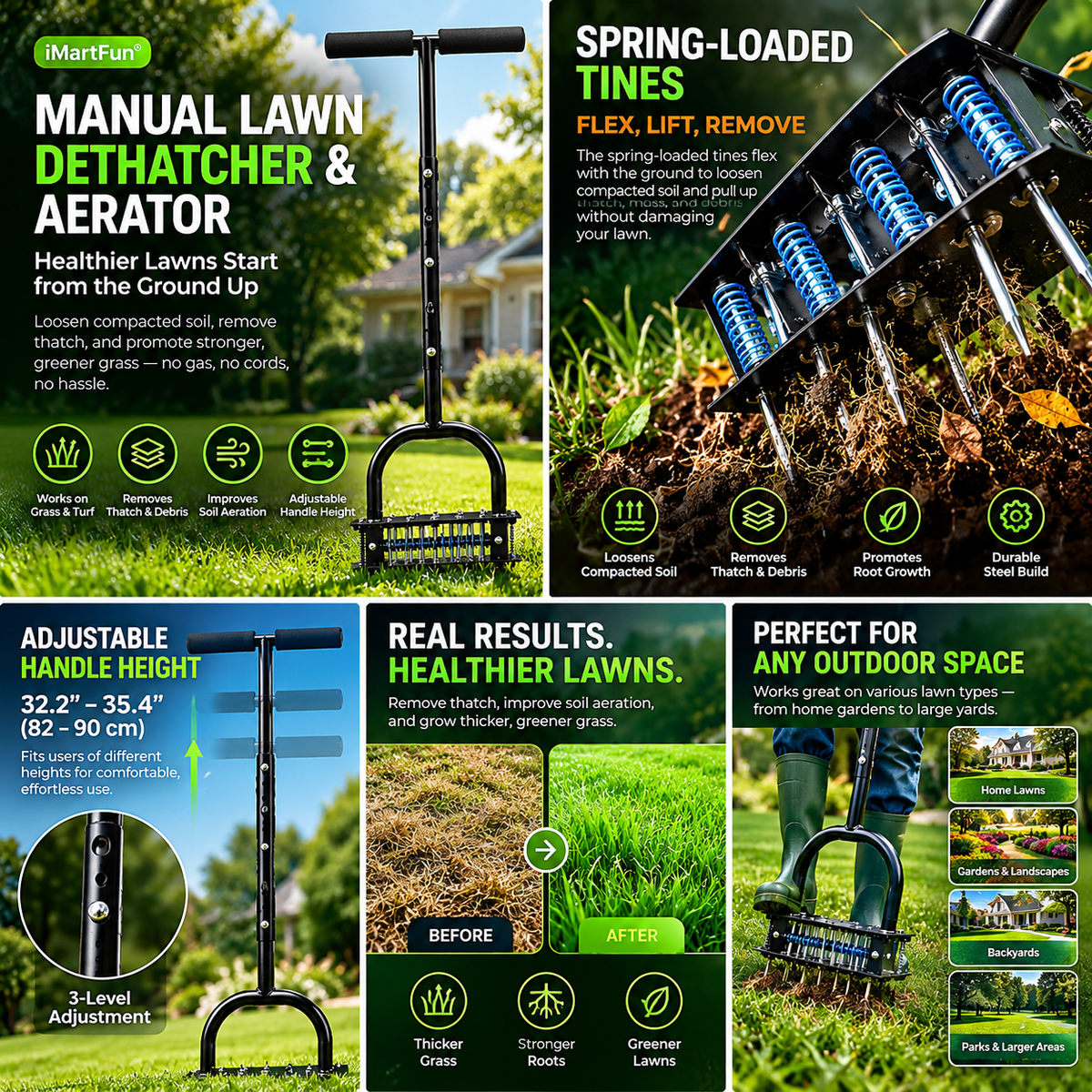 Manual Lawn Dethatcher & Aerator with Spring-Loaded Tines