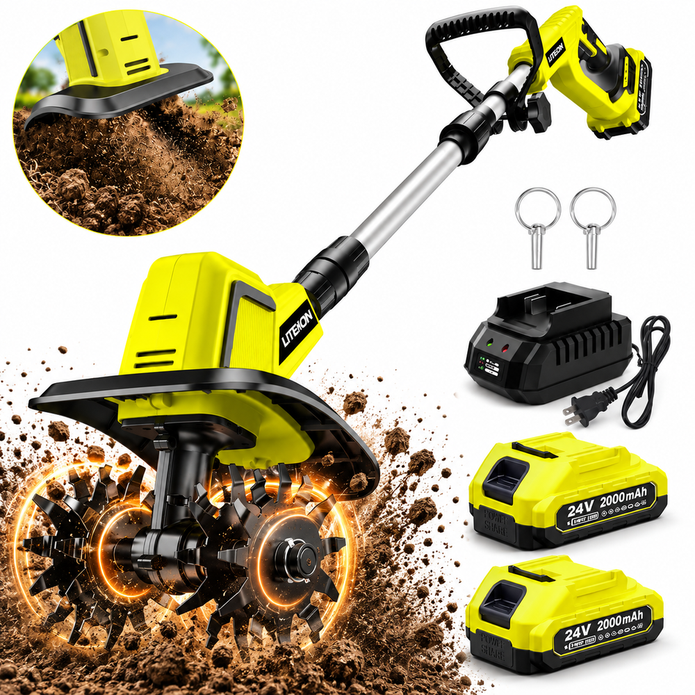 Cordless Electric Garden Tiller, 360RPM Rototiller with 2 Batteries & Charger