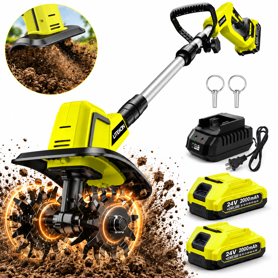 Cordless Electric Garden Tiller, 360RPM Rototiller with 2 Batteries & Charger