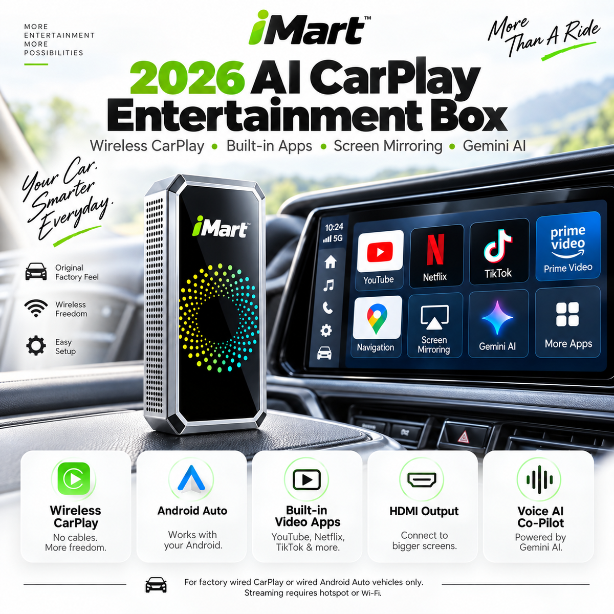 Wireless CarPlay AI Box – Netflix, YouTube & TikTok