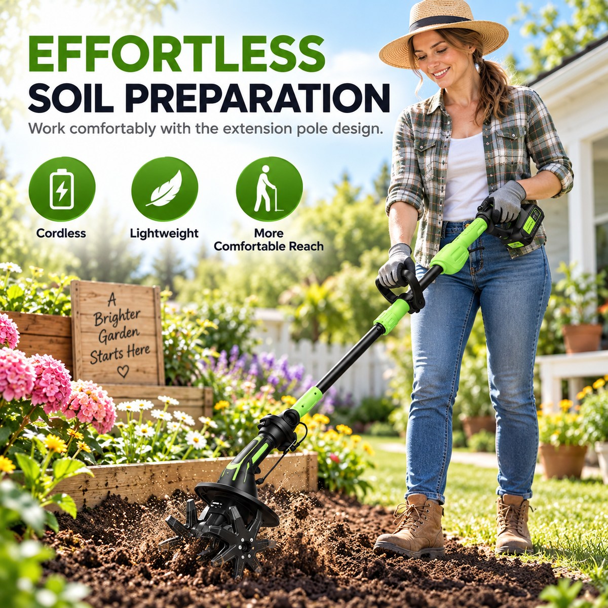 2-IN-1 Cordless Tiller & Cultivator with Extension Pole