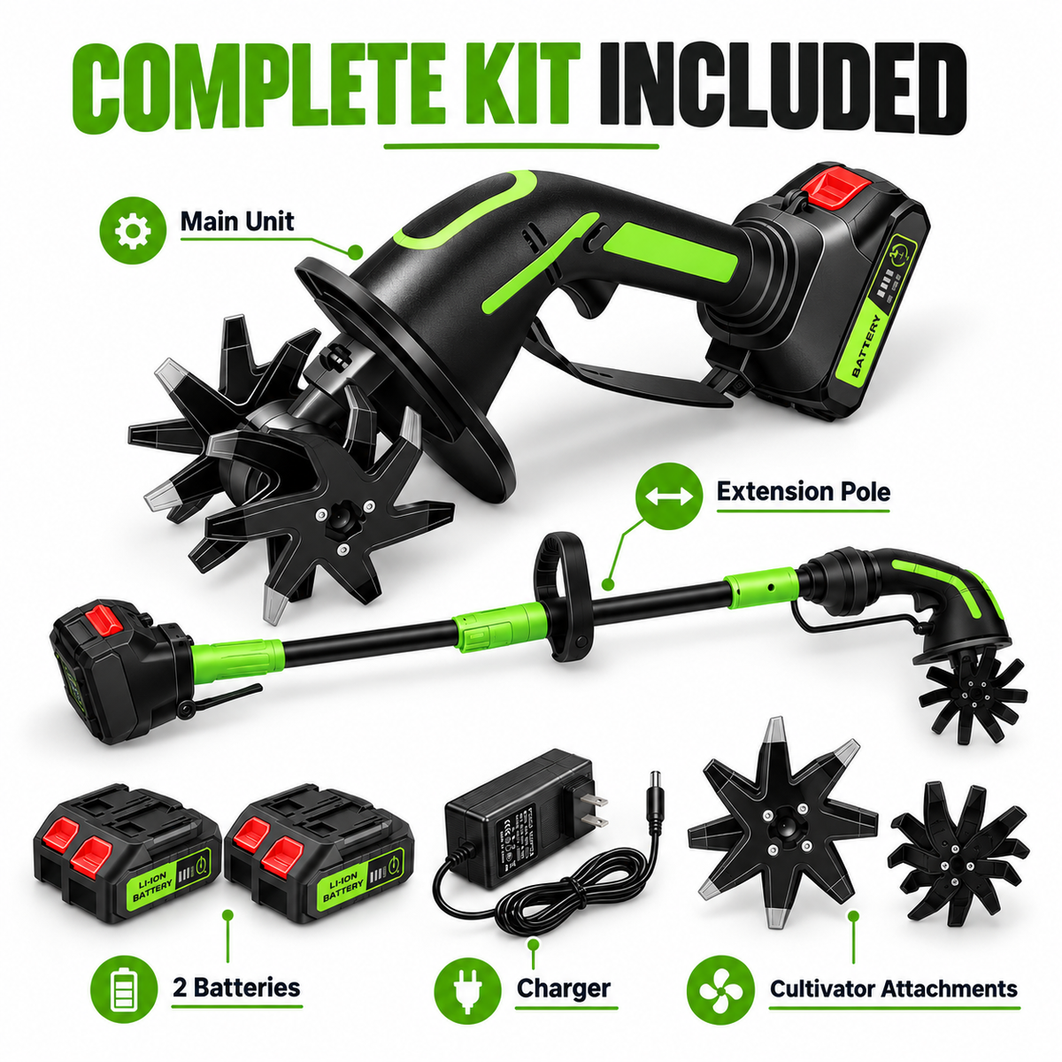 2-IN-1 Cordless Tiller & Cultivator with Extension Pole