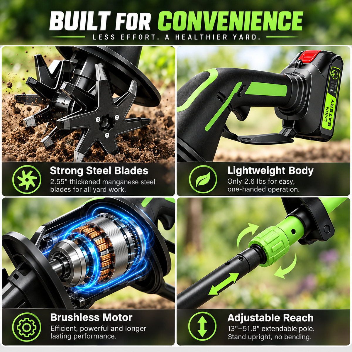 2-IN-1 Cordless Tiller & Cultivator with Extension Pole