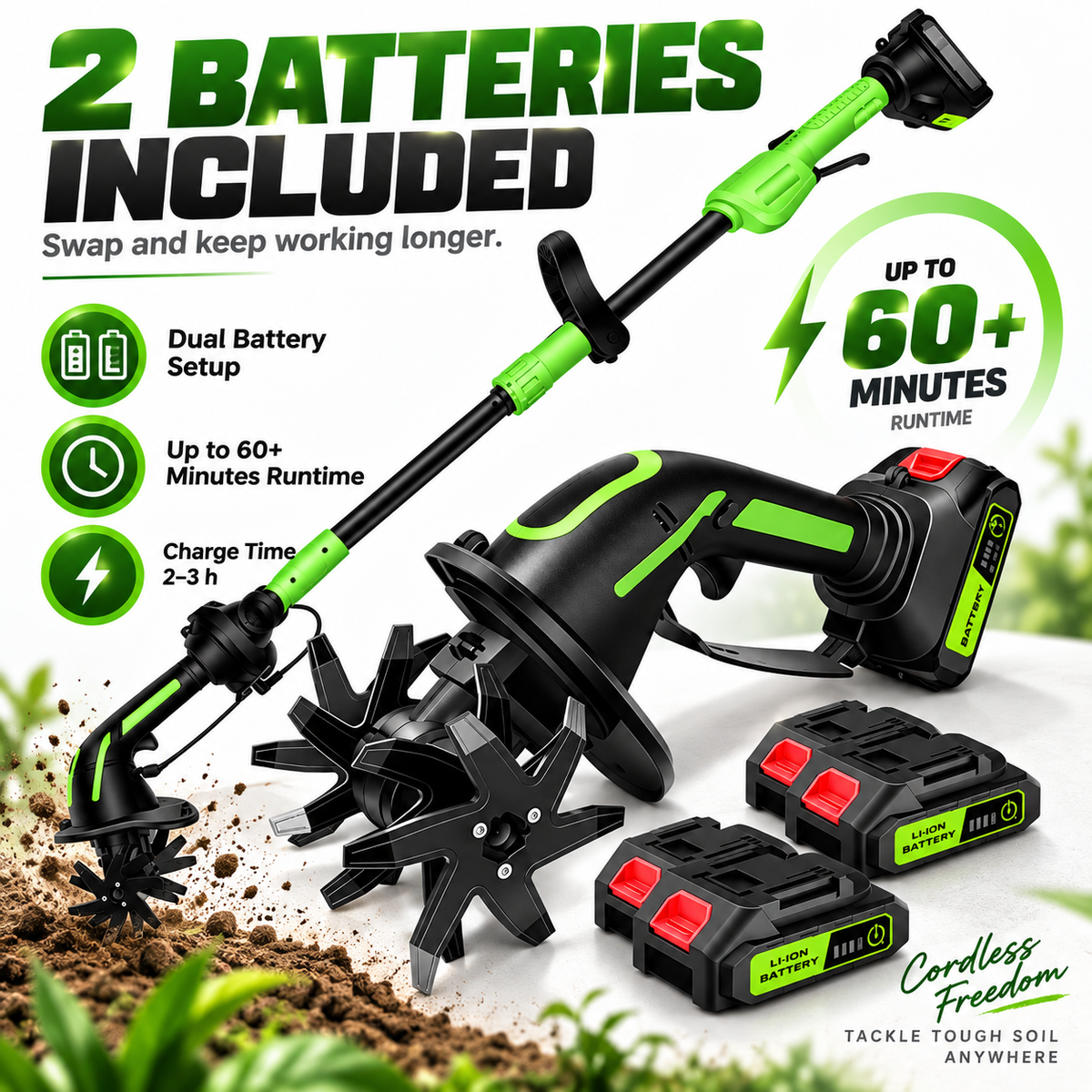 2-IN-1 Cordless Tiller & Cultivator with Extension Pole