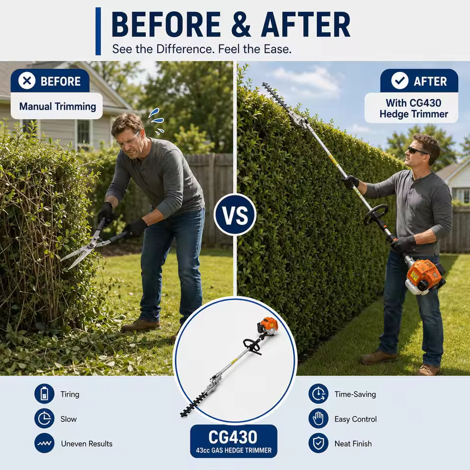 43cc 4-in-1 Long Reach Gas Trimmer with Quick-Connect Attachments