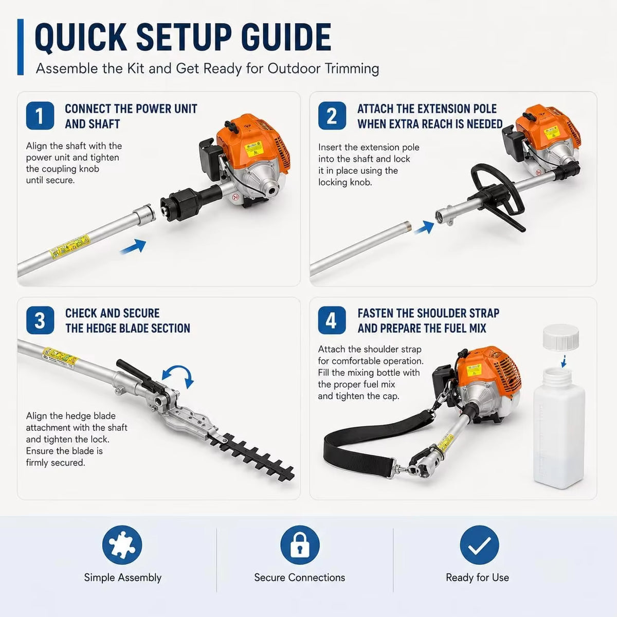 43cc 4-in-1 Long Reach Gas Trimmer with Quick-Connect Attachments