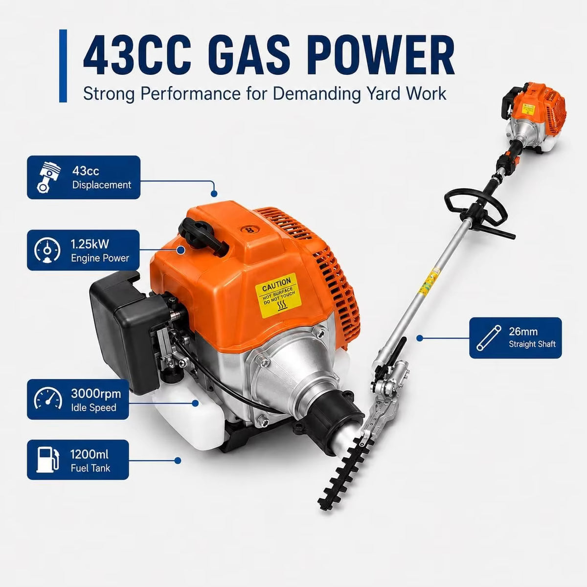 43cc 4-in-1 Long Reach Gas Trimmer with Quick-Connect Attachments