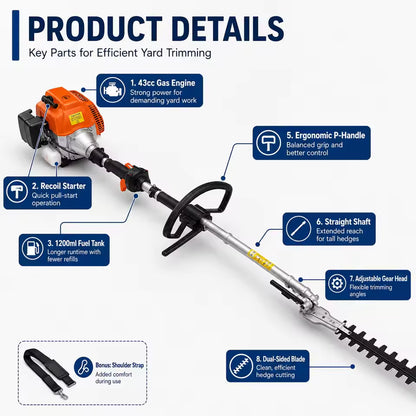 43cc 4-in-1 Long Reach Gas Trimmer with Quick-Connect Attachments