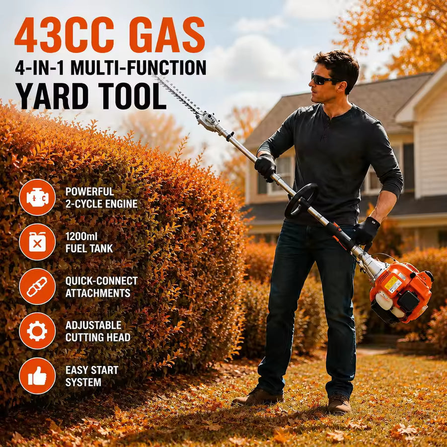 43cc 4-in-1 Long Reach Gas Trimmer with Quick-Connect Attachments