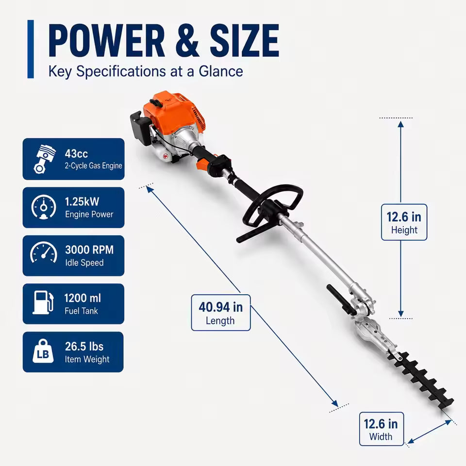 43cc 4-in-1 Long Reach Gas Trimmer with Quick-Connect Attachments